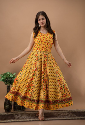 Nuwall Women Fit and Flare Yellow Midi/Calf Length Dress