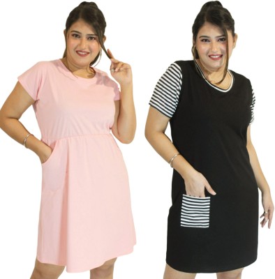 menena Women T Shirt Pink, Black, White Dress