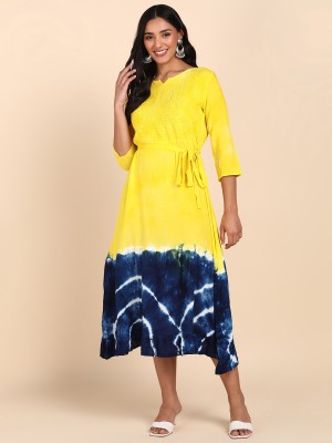 PinkTribe Women Empire Waist Yellow, Dark Blue, White Dress