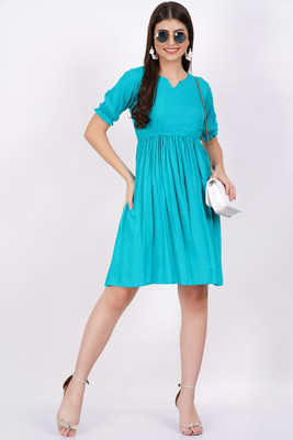 Majestykart Women Fit and Flare Light Blue Ankle Length Dress