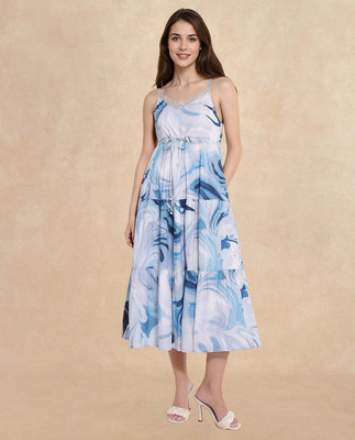 RAREISM Women Fit and Flare Blue Midi/Calf Length Dress