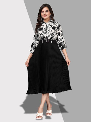 SHCON Women A-line Black Midi/Calf Length Dress