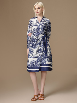 KAZO Women Wrap Blue, White Below Knee Dress