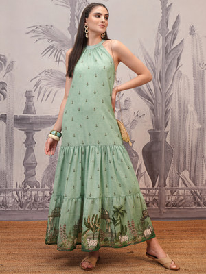 Vishudh Women Printed Straight Kurta(Green)