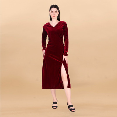 Apnisha Women Bodycon Maroon Midi/Calf Length Dress