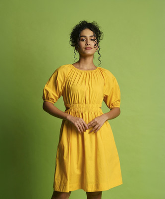 Globus Women Fit and Flare Yellow Knee Length Dress