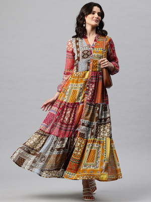 Cottinfab Women A-line Multicolor Maxi/Full Length Dress
