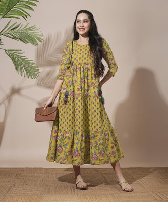 Globus Women Fit and Flare Yellow Midi/Calf Length Dress