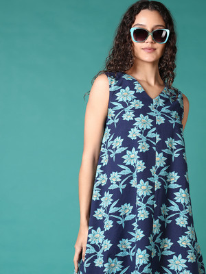V-MART Women A-line Blue Midi/Calf Length Dress