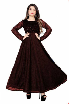 WAZIX Clothing Women Fit and Flare Maroon Maxi/Full Length Dress