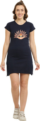HouseOfCommon Women T Shirt Dark Blue, Orange Above Knee/Mid Thigh Length Dress