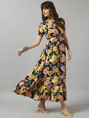 Krunal Raiyani Women Fit and Flare Yellow Maxi/Full Length Dress