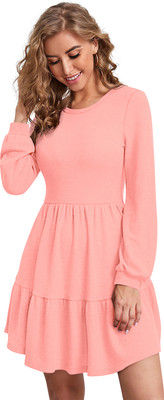 Divine India Women Gathered Pink Knee Length Dress