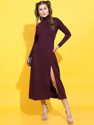 CHIC BY TOKYO TALKIES Women A-line Maroon Midi/Calf Length Dress