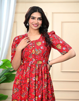 Mawlya Women Ethnic Dress Red Midi/Calf Length Dress