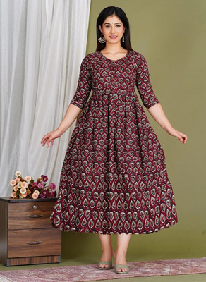 HouseOfCommon Women Fit and Flare Maroon Midi/Calf Length Dress