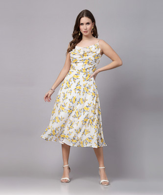 AAYU Women Fit and Flare Yellow, White, Black Midi/Calf Length Dress