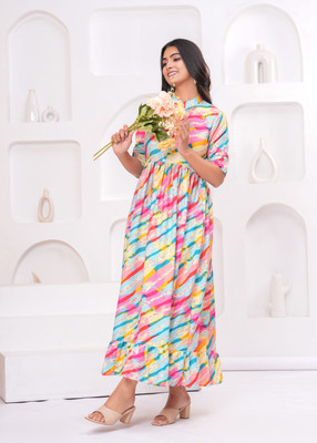 KANIW Women A-line Multicolor Below Knee Dress