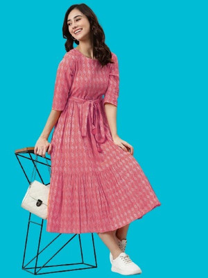 GULABI NAGRI Women A-line Pink Midi/Calf Length Dress