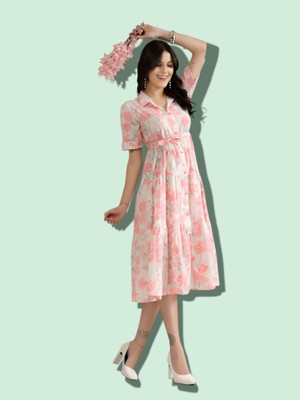 HouseOfCommon Women Fit and Flare White, Pink Below Knee Dress