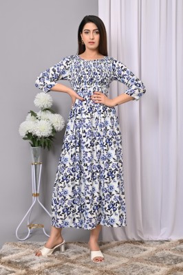 VYMO Women A-line Blue, White Dress