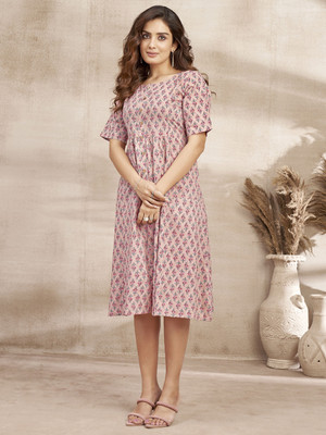 HouseOfCommon Women Fit and Flare Pink Below Knee Dress