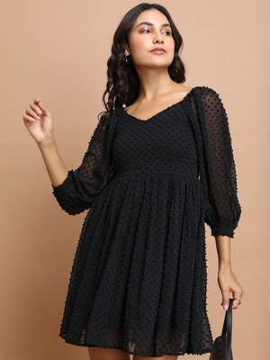 Tokyo Talkies Women Fit and Flare Black Above Knee/Mid Thigh Length Dress