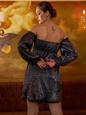 ATHENA Women A-line Purple, Black, Silver Above Knee/Mid Thigh Length Dress