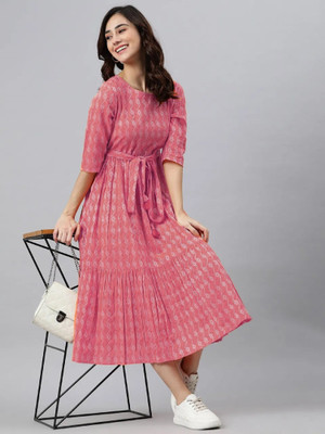 Kharoliya Women A-line Beige, White Midi/Calf Length Dress