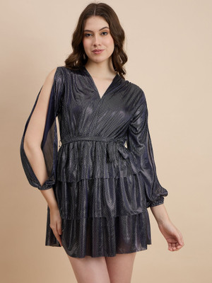 DRAPE AND DAZZLE Women Wrap Blue Knee Length Dress