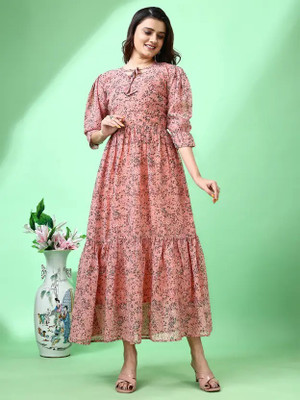 HK SHOPEE Women Fit and Flare Orange Maxi/Full Length Dress