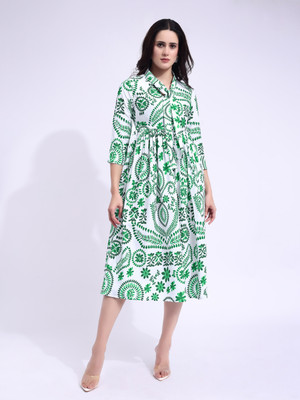 PURVAJA Women Fit and Flare Green Midi/Calf Length Dress