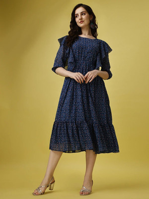 Herway Women Fit and Flare Blue Midi/Calf Length Dress