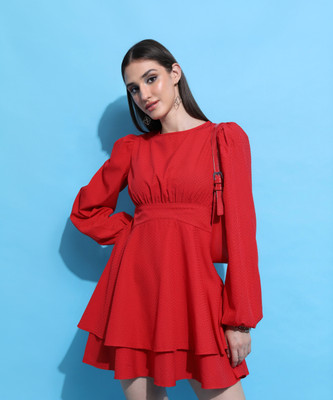 Tokyo Talkies Women Tiered Red Above Knee/Mid Thigh Length Dress