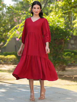Janasya Women Fit and Flare Red Midi/Calf Length Dress