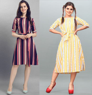 Hiral Creation Women Fit and Flare Pink Below Knee Dress