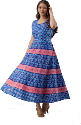 NUWAAL Women A-line Multicolor Maxi/Full Length Dress