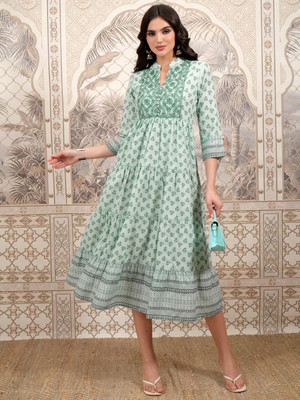 Vishudh Women Fit and Flare Green Midi/Calf Length Dress