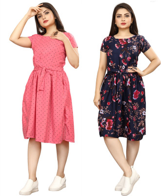 HouseOfCommon Women A-line Pink, Black Knee Length Dress