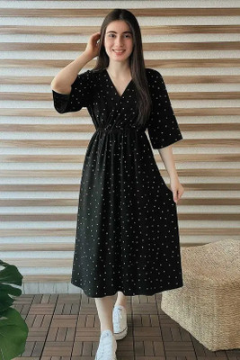 HK SHOPEE Women Fit and Flare Black Midi/Calf Length Dress