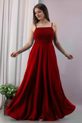 FashneAttire Women Fit and Flare Red Maxi/Full Length Dress