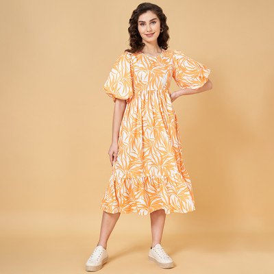 YU by Pantaloons Women A-line White, Yellow Midi/Calf Length Dress