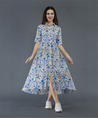 vastra grah Women A-line Blue Maxi/Full Length Dress