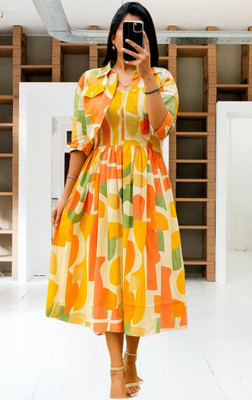 Avnienterprisea Women Fit and Flare Orange Midi/Calf Length Dress