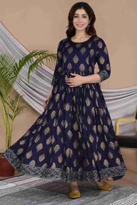 Gulabi Jaipur Women Fit and Flare Blue Ankle Length Dress