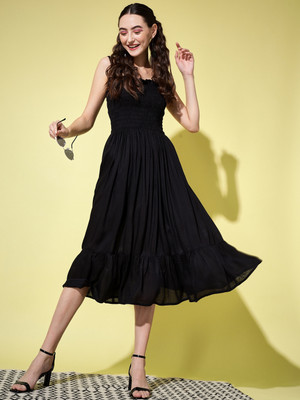 METRONAUT Women Fit and Flare Black Midi/Calf Length Dress