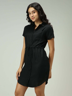 OUTZIDR Women A-line Black Above Knee/Mid Thigh Length Dress