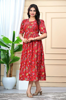 Mawlya Women Ethnic Dress Red Midi/Calf Length Dress