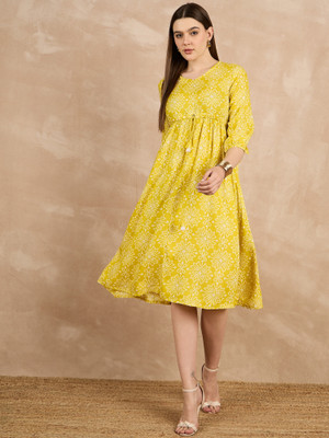 all about you Women Fit and Flare Yellow Below Knee Dress