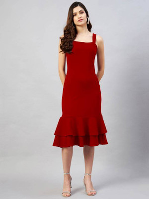 Newba Women A-line Red Midi/Calf Length Dress